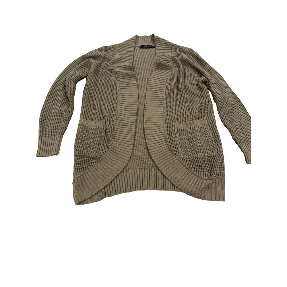 Zesica Tan Waffle Knit Cardigan Open Front Pockets Stretch